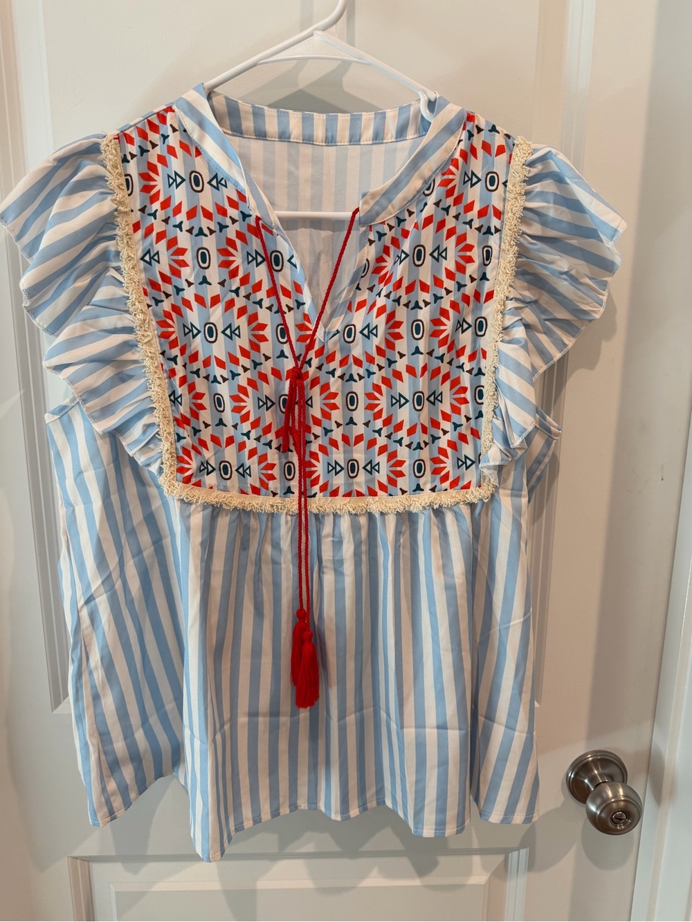 SHEIN Blue & White Striped Blouse with Tassel Size XL